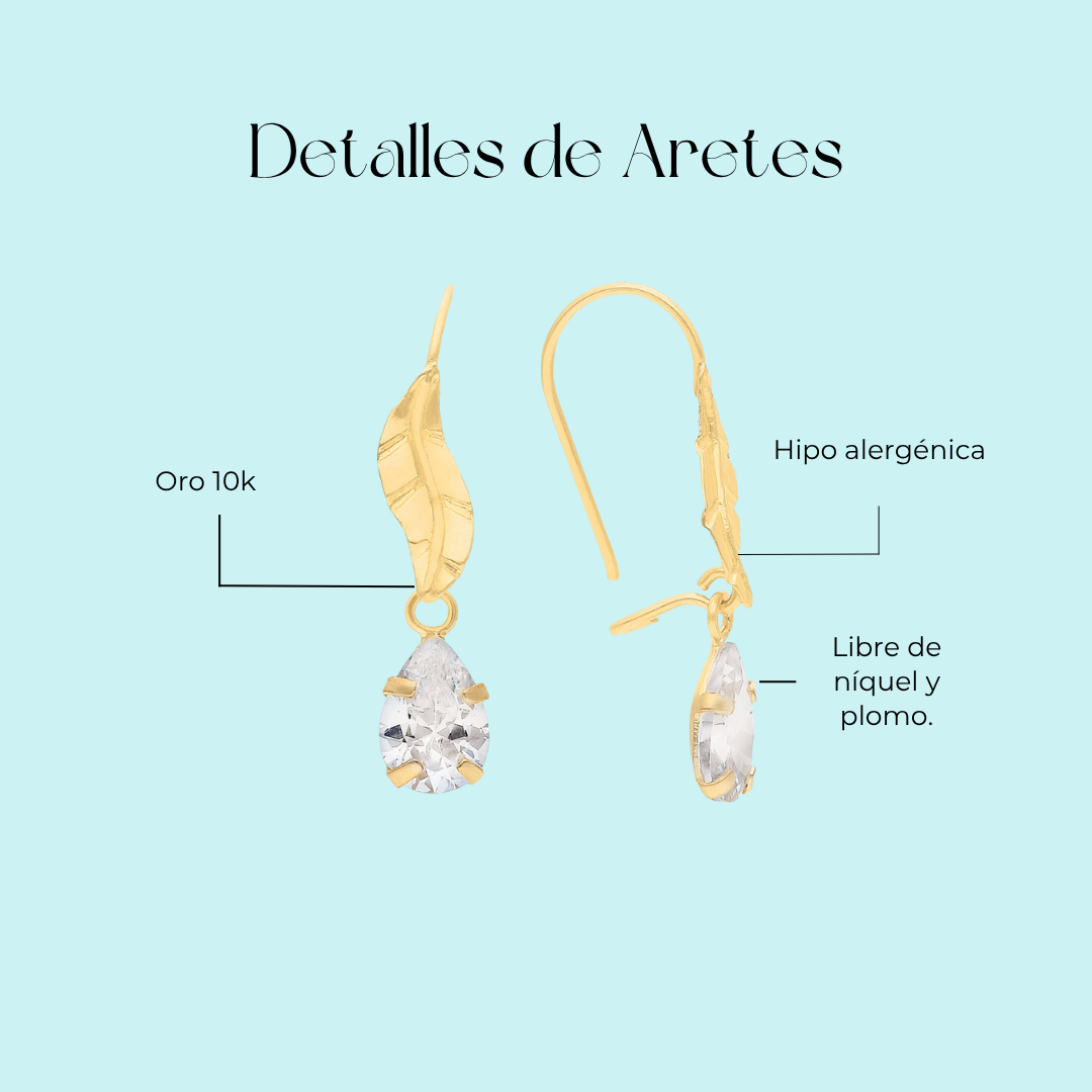 Aretes largos de hoja en Oro amarillo de 10k