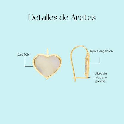 Aretes de corazón blancos lisos pequeños en Oro amarillo de 10k