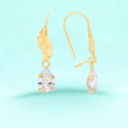 Aretes largos de hoja en Oro amarillo de 10k