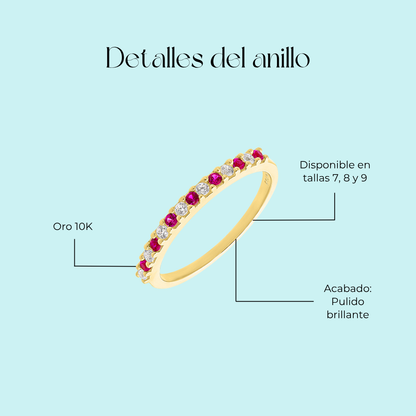 Anillo churumbela con piedras rojas en Oro amarillo de 10k